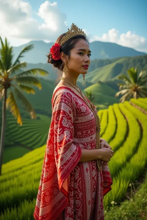 a beautiful woman wearing traditional  Sulawesi clothes, red and white with an Indonesian background