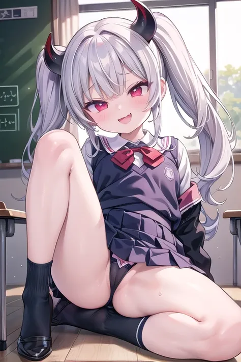 solo、wearing a school uniform, Whole body、Young face、long silver Hair、long Twin tails、Spoiled brat、Immature body、（Small breasts）、smile、Sweat、（Thick thighs:1.5)、（little demon horns and tail）、red  eyes、Backwards、looking at viewer、Open mouth、double teeth、fang...