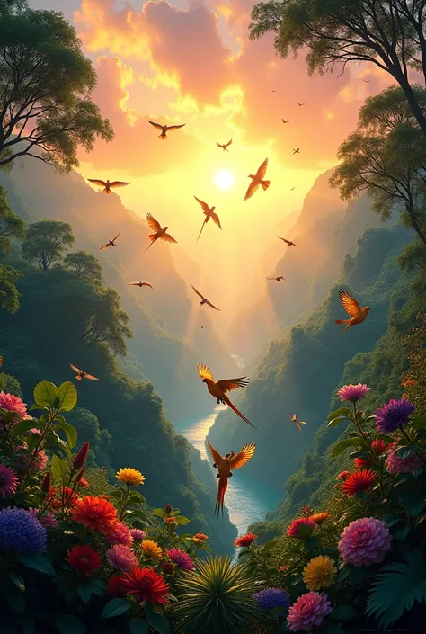 "A picturesque cinematic image of a beautiful amzonic landscape at sunrise, featuring vibrant flowers, colorful birds, and butterflies in a serene natural setting. The sky is glowing with soft morning light, and the scenery is lush and full of life. The da...