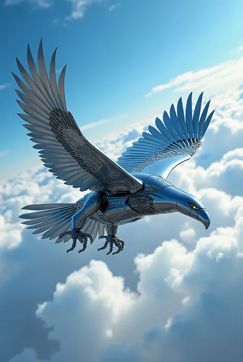 Make the picture of eagle that looking like a fighter jet it is a robot and very sharp mind and flying on the sky it is looking like a robot and he have a gun and other technology