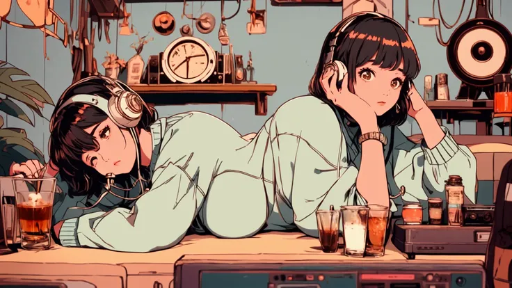 a cozy, nostalgic scene featuring a young woman with short dark hair, wearing a white shirt, lying down and resting her head on a desk. She has large headphones over her ears, and her eyes are closed as if she has fallen asleep, near a vintage turntable an...