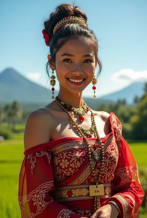 a beautiful woman wearing traditional  Sulawesi clothes, red and white with an Indonesian background. Name tag Zia
