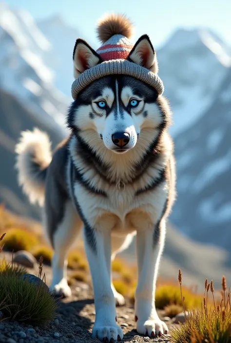 everest, paw patrol, husky, ((solo)), female, feral, tail, hat, grass, standing, looking at viewer, by crumbles, full body, anatomically correct, realistic fur, detailed, detailed, background, best quality, masterpiece, detailed eyes, detailed pupil, ((ful...