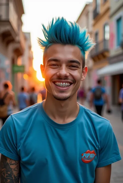 Create me a man with blue mohawk hair, braces, and a blue shirt.