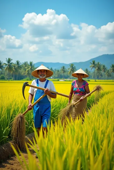 Paddy harvesting scenery with two farmers cutting paddy drawing