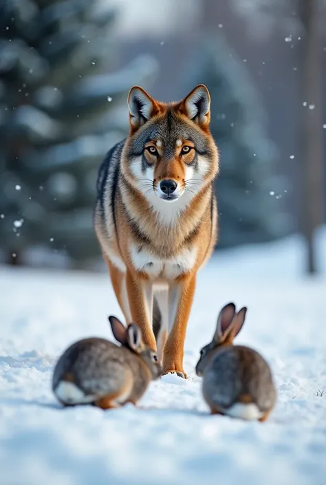 A brown wolf stands,Realistic cute style,waiting to catch prey,Expression ready to go,Snow in the background,There are rabbits on the ground