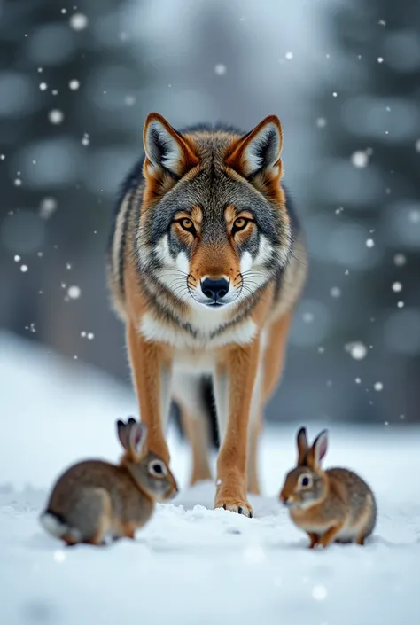 A brown wolf stands,Realistic cute style,waiting to catch prey,Expression ready to go,Snow in the background,There are rabbits on the ground