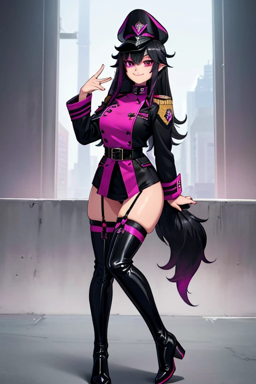 female, black long hair with magenta trim, silver eyes, wolf ears, wolf tail, (((1girl))), (((black and magenta military uniform))), (military general cap), (black belt), (black thigh high boots), cute and sexy, full body, large breasts, long legs, smiling