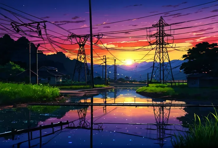 Anime Scenery of a sunset with a pond and power lines, Digital painting by Shitao, tumbler, Conceptual Art, beautiful Anime Scenery, Anime countryside landscape, Anime scenery wallpaper, Beautiful anime scene, Beautiful peaceful scene in anime, Anime Scene...