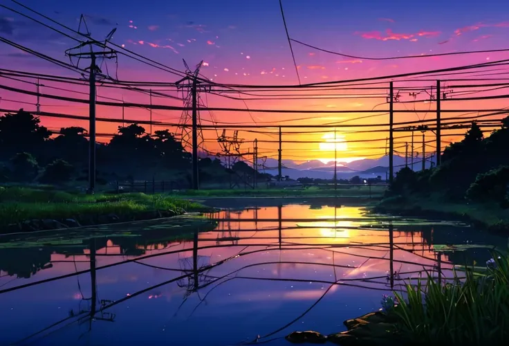 Anime Scenery of a sunset with a pond and power lines, Digital painting by Shitao, tumbler, Conceptual Art, beautiful Anime Scenery, Anime countryside landscape, Anime scenery wallpaper, Beautiful anime scene, Beautiful peaceful scene in anime, Anime Scene...