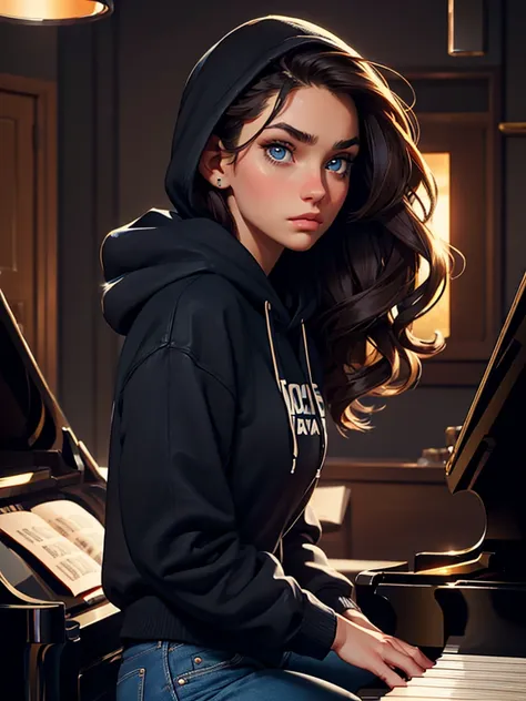 a pretty brunette girl, 22 years old, wearing a black hoodie and blue jeans, playing piano in an urban apartment, pensive and slightly sad expression, detailed facial features, detailed eyes and lips, complex urban background, fancy lighting, cinematic com...