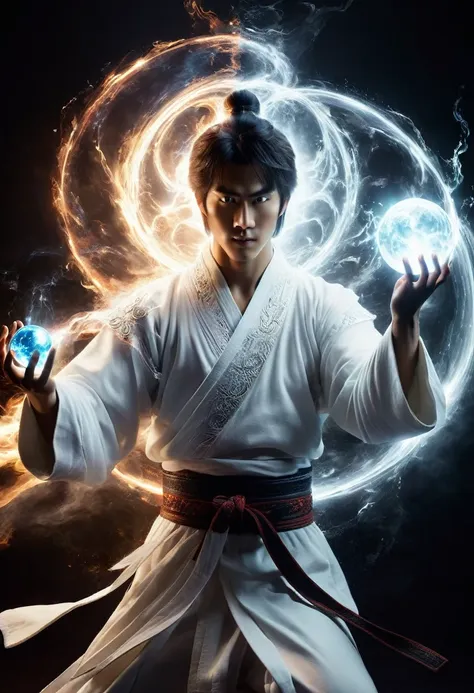 wabstyle martial arts style, a man in a white robe、extremely handsome young man using magical powers, holding a glowing magic or...