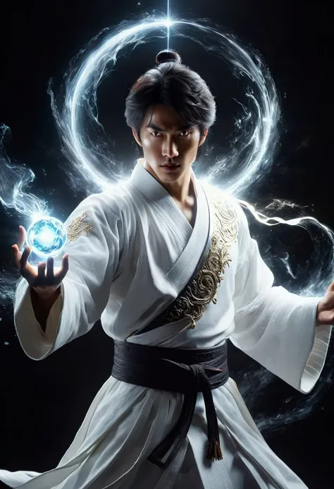 wabstyle martial arts style, a man in a white robe、extremely handsome young man using magical powers, holding a glowing magic or...