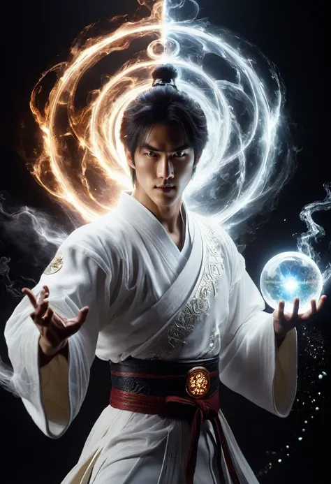 wabstyle martial arts style, a man in a white robe、extremely handsome young man using magical powers, holding a glowing magic or...