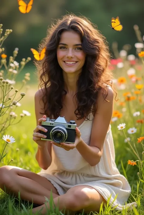 A brunette girl with curly hair and big breasts sits with her legs stretched out, taking a realistic photo