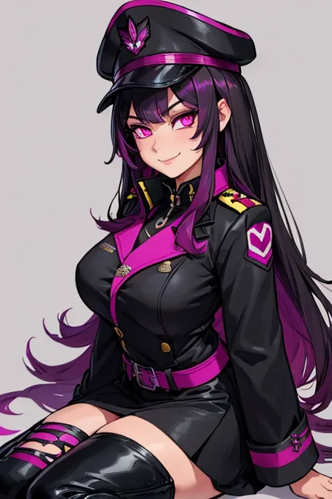 female, black long hair with magenta trim, silver eyes, wolf ears, wolf tail, (((1girl))), (((black and magenta military uniform))), (military general cap), (black belt), (black thigh high boots), cute and sexy, full body, large breasts, long legs, smiling