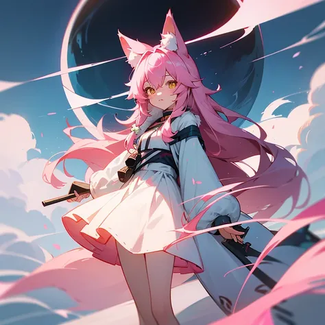 Long-haired in a white dress、Standing before a circular object。, Anime drawing by Shitao, pixiv Contest Winner, fur art, Pink haired fox, From Arknights, Dark Fox Mage, Pink fox anime, The fox and the bush, Cute anime cat girl, Aether Fox, White cat lady, ...