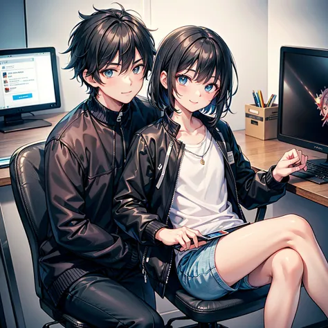 Anime art style,Highest quality,High resolution,Anatomically correct,One Man,Twenty generations,good looking,Spiky hair,Black Hair,A kind smile,A rich expression,Black jacket,Casual innerwear,Office,Sitting in a chair,You are operating a tablet device,Eyes...