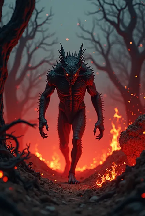 A horizental frame covered with red bloody fire awaking a black eye evil creature and creature walk through frame and entired  in the black and blue creepy desert forest