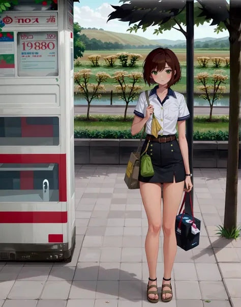 realistic anime illustration of beautiful young woman is standing under the tree and carrying green hobo bag  and  holding black paper bag, telephone box beside her, rice field scenery, she has brown shoulder length bob cut , she wearing white short sleeve...