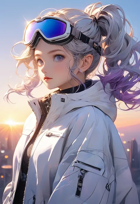 masterpiece, Best image quality, Extreme clarity, Anime with curly ponytails,  figure, White functional coat, small, Blue-purple gradient ski goggles, cyber punk, Gray Hair, Natural casual style, Dynamic Stance, Golden Ratio, Large aperture portrait, Cool ...