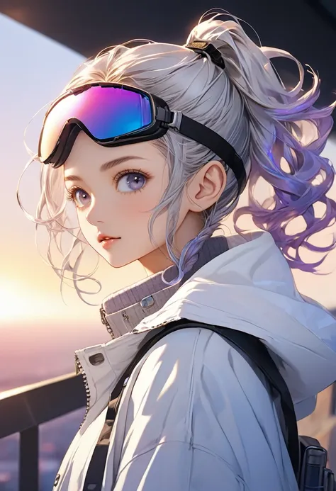 masterpiece, Best image quality, Extreme clarity, Anime with curly ponytails,  figure, White functional coat, small, Blue-purple gradient ski goggles, cyber punk, Gray Hair, Natural casual style, Dynamic Stance, Golden Ratio, Large aperture portrait, Cool ...