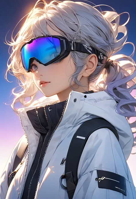 masterpiece, Best image quality, Extreme clarity, Anime with curly ponytails,  figure, White functional coat, small, Blue-purple gradient ski goggles, cyber punk, Gray Hair, Natural casual style, Dynamic Stance, Golden Ratio, Large aperture portrait, Cool ...