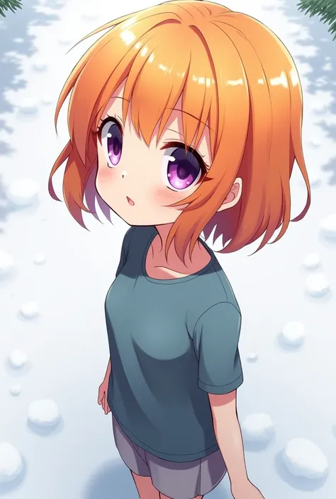 anime,change ,whole body, by the width, Orange hair,purple eyes, short stature and snowy background