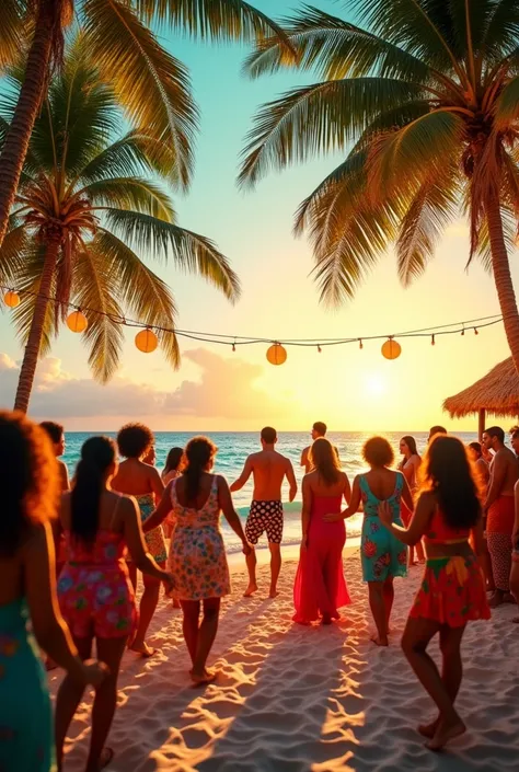 Caribbean music party scene with palm trees and beach