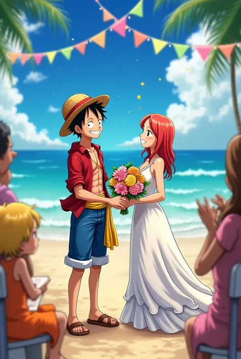 Create an image of Luffy and NAMI getting married 