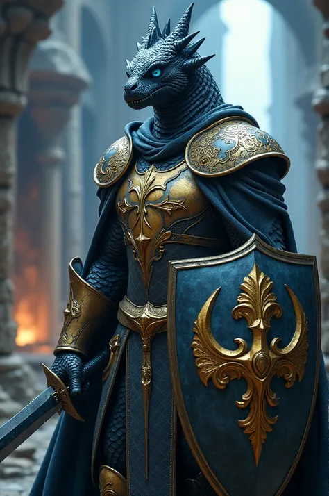 Create rpg character d&d 5e medieval. 
Male Dragonborn of black color, with blue eyes. Paladin with armor inspired by the golden knights of saint seiya. 
His appearance is intimidating and frightening, besides being quite tall and strong. He has a long swo...