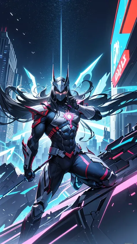 Create a contemporary superhero named Durgadas, blending traditional Indian mythology with modern aesthetics. Durgadas has a powerful, athletic build, showcasing his strength and agility. His costume is sleek and futuristic, featuring a minimalist design w...