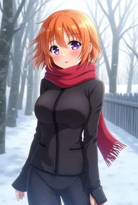 anime,change ,whole body, by the width, Orange hair,purple eyes, black clothes, Red scarf, low snowy place in the background