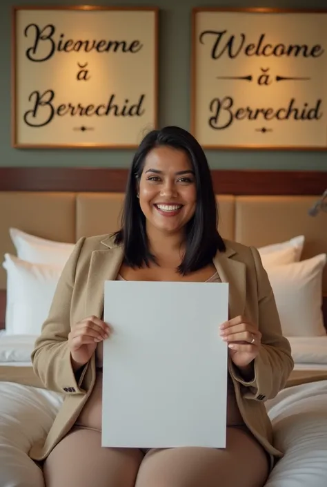 Une femme brune. Les cheveux raides, écartés ou assez écartés du cou, pas longs, de couleurs noirs. Une femme un peu volumineuse par sa forme physique. Assise dans une grande chambre dhôtel, sur un lit de lhôtel, souriante, la tête droite, le regard droit ...