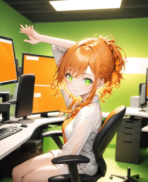 (Highest quality,8k,32K,masterpiece,Ultra-high resolution :1.2 ),born,One person,Super cute,Natural light,Clear, shining eyes,20-year-old,Fair skin,Company PC,Office desk fantasy background,Orange Hair,Glowing green eyes,Fluorescent Orange Background,Orang...