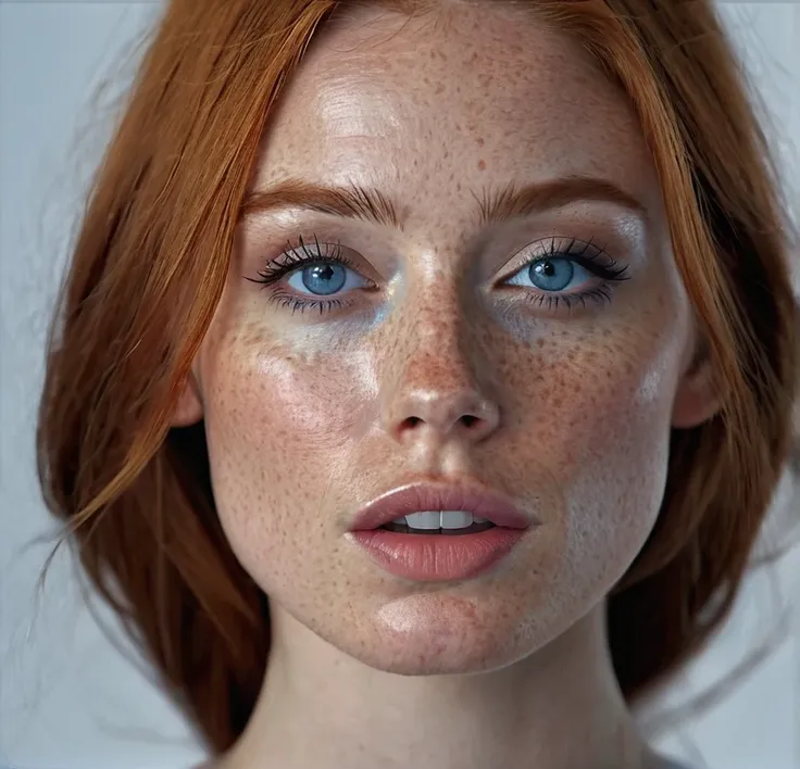 ginger, woman, cute, young, high quality, photorealistic, realistic human strong jaw , big cheekbone, freckles, blue eyes, hyper...