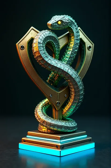 Create a robotic snake in the shape of an eight inside a shield-shaped trophy