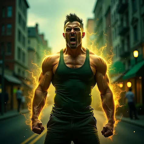 Tank top man、Muscles are heaving、Angry expression、Golden and green aura