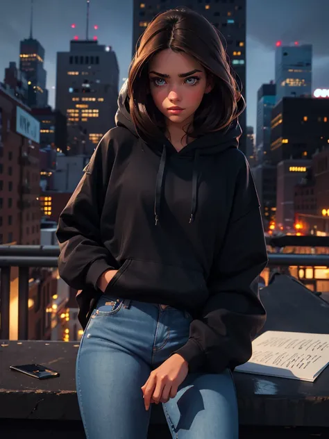 a pretty brunette, 22 years old, wearing a black hoodie and blue jeans, writing on paper on the roof of a New York building, pensive and slightly sad expression, detailed facial features, detailed eyes and lips, complex urban background, fancy lighting, ci...