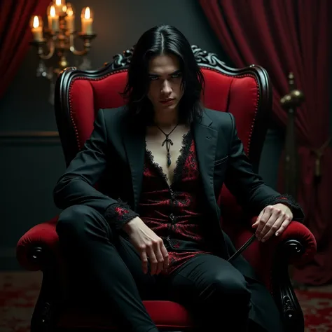 A sexy young male with delicate facial features, black long hair, teal blue eyes. Wearing full Gothic clothes. Holding a knife in his hand. Hes wanted a serial killer. (((No facial or body hair))) (Male) (Black and red) (Smirking maliciously) (malicious) s...