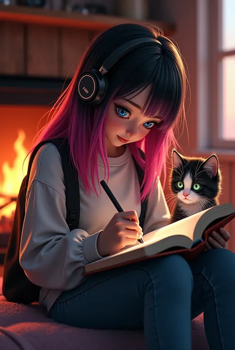 A beautiful young e-girl, wearing headphones and stylish clothing in pink and black, is writing in a notebook. The scene is set in a cozy room with a warm, crackling fireplace. A curious kitten with one eye of each color is sitting nearby, watching intentl...