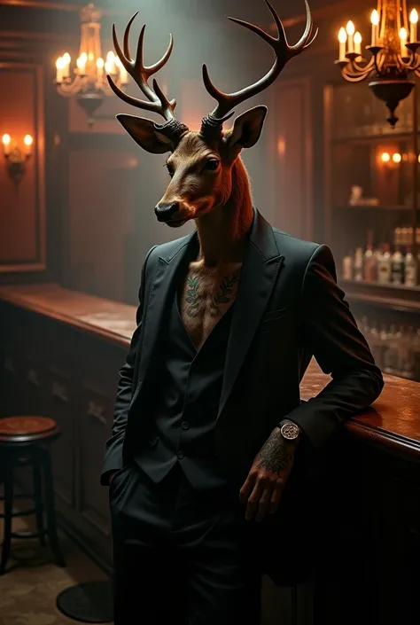 a mafia male deer in a black suite with a tattoo