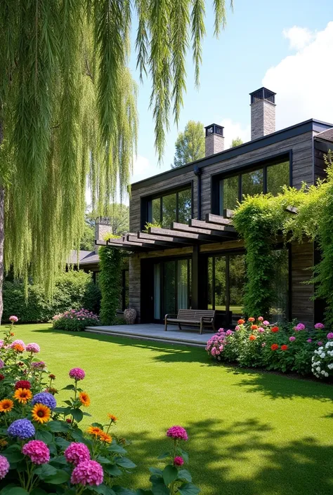 (wide landscape), (masterpiece), A modern european house with large willow tree, a grapes pergola, full petunia flowers at windowsill,in the backyard have a green house, sunflowers, apple tree, a bench and hydrangeas