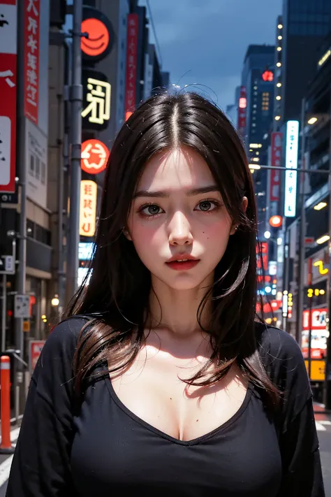 1 woman, tokyo streets,night, cityscape,city lights, upper body,enlargement, 8k, RAW photos, best quality, masterpiece,realistic, photo-realistic,