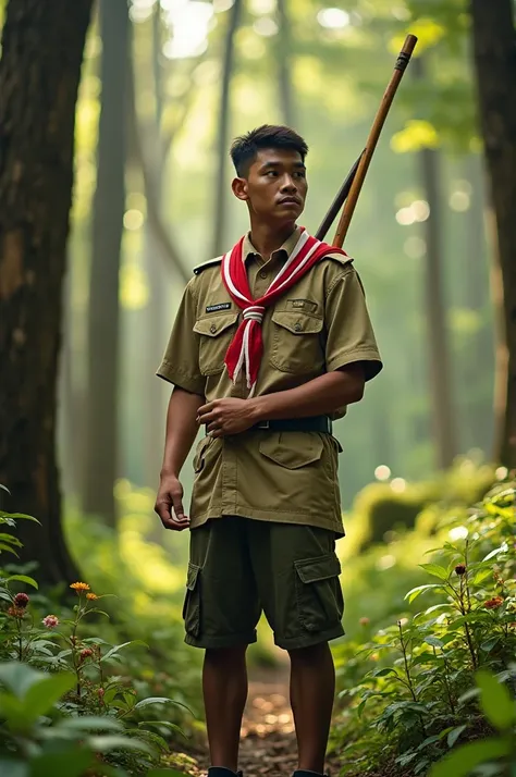 Indonesian man, 25 years, in scout uniform, beautiful forest background, holding sharpened bamboo wrapped in red and white cloth,