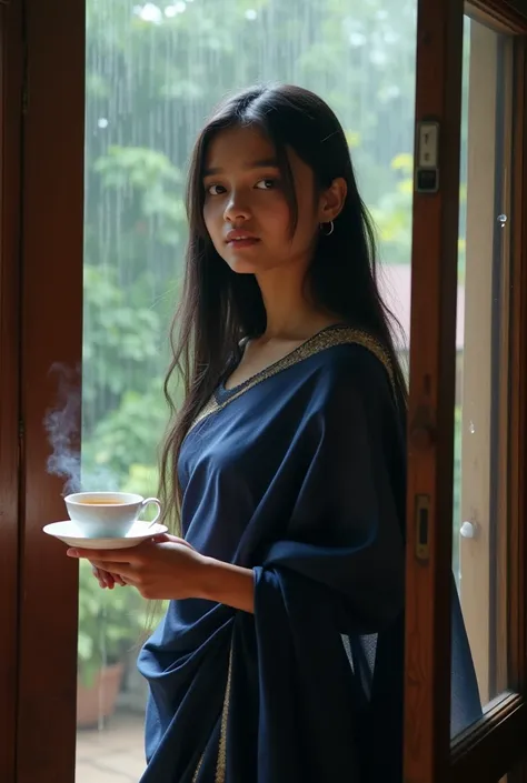 A girl, tanned skin, wearing a dark blue colour saree, white blouse, long hair, black hair, open hair, Straight hair ,Asian style, beautiful, entering room with a cup of tea in hand, raining outside the window 