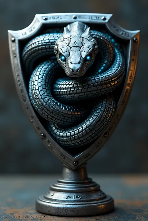 Create an aggressive robot snake looking forward in the shape of an eight inside a shield-shaped trophy