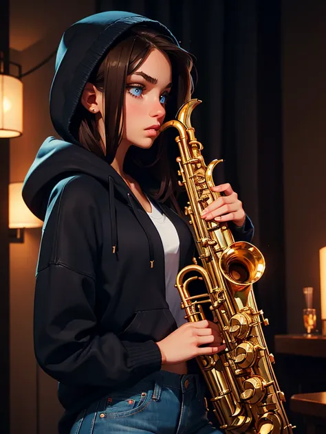 a pretty brunette girl, 22 years old, wearing a black hoodie and blue jeans, playing saxophone in an urban apartment, pensive and slightly sad expression, detailed facial features, detailed eyes and lips, complex urban background, fancy lighting, cinematic...