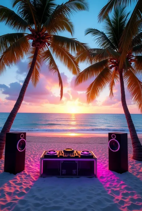 a stage set up with speakers and a DJ table, empty without people, on a Caribbean beach, palm trees