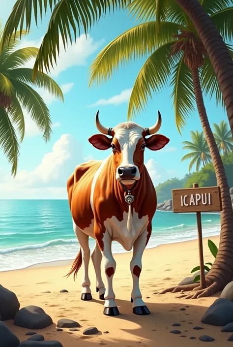 Imagine a Gir Dairy breed cow, with its characteristic white and brown coat, in a beach setting. The cow is in a coastal environment, with the sea and sand in the background. In an area adapted for milk management, there is a milking equipment next to the ...